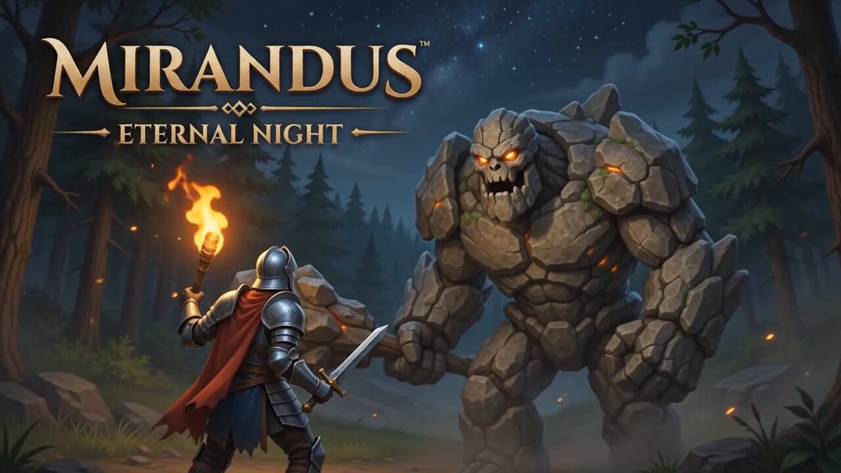 The image features a man dressed as a knight holding a sword and shield, standing next to a large rock figure that appears to be a monster or a giant stone creature. The scene takes place in front of a forest with trees surrounding them. The post is about a video game called Mirandus Eternal Night, which seems to be an action-adventure game set in a fantasy world. It also mentions the availability of additional content and links for players to explore more games on Gala Games' website.