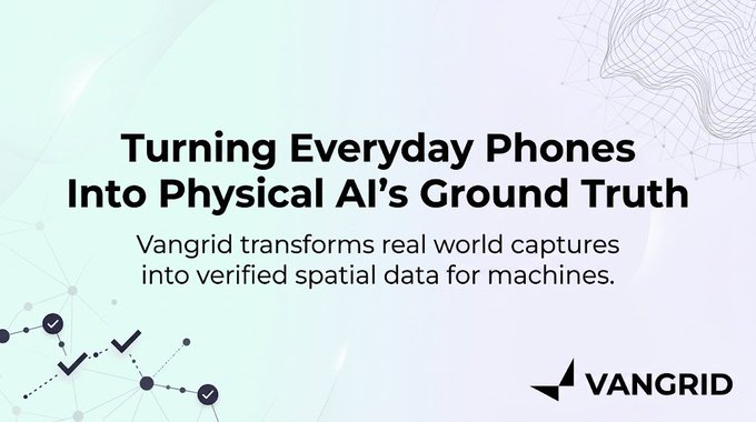A clean, light-themed promotional banner for Vangrid with the tagline 'Turning Everyday Phones Into Physical AI's Ground Truth,' describing how Vangrid transforms real world captures into verified spatial data for machines.