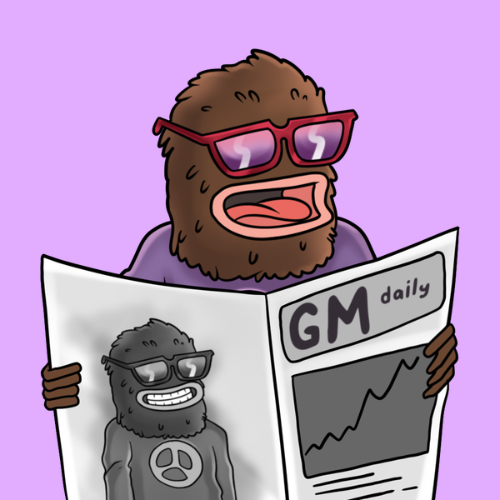 A cartoon illustration of a furry brown character wearing sunglasses and reading a newspaper labeled 'GM daily' that features a rising line graph on a purple background.