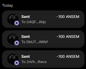 A mobile wallet transaction history titled "Today" showing three separate transactions, each "Sent" 100 ANSEM to different recipients with addresses ending in Ahjc, AWbf, and Rwcs. The image visually confirms the user's claim of sending 100 ANSEM tokens to three people, as described in the accompanying giveaway post.