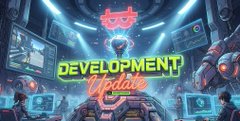 A distorted, motion-blurred vertical image with the word 'DEVELOPMENT' visible in green text among other partially legible text and graphics.