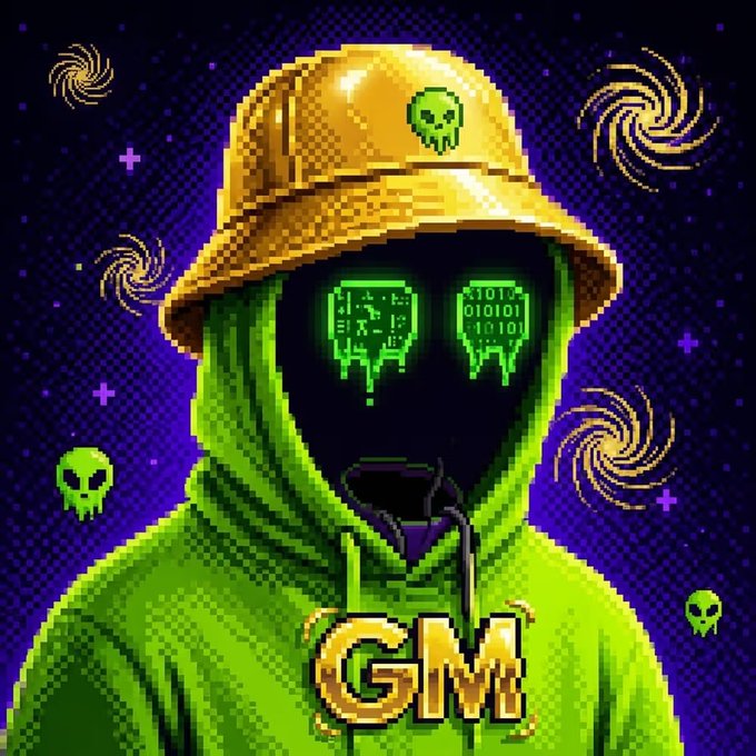 A vibrant digital illustration of a hooded figure wearing a yellow hard hat and pixelated 'GM' (good morning) sunglasses with binary code, set against a purple background with alien icons and swirls.