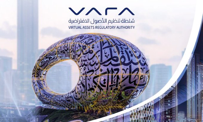An image featuring the VARA (Virtual Assets Regulatory Authority) logo with Arabic text, displayed over a futuristic cityscape and the Museum of the Future in Dubai.