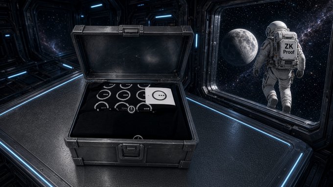 A sci-fi scene showing a metallic briefcase opened to reveal a tray of smiley face icons, with an astronaut labeled 'ZK Proof' floating outside a spaceship window looking at the moon.