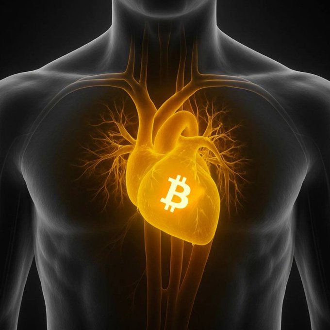 A stylized digital illustration of a human torso with a glowing golden heart in the chest cavity, featuring a Bitcoin logo on the heart.