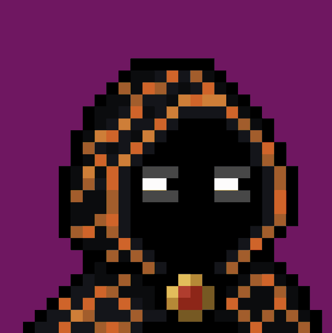A pixel art portrait of a dark, shadowy figure with glowing white eyes and a red and yellow detail on the chest against a purple background.