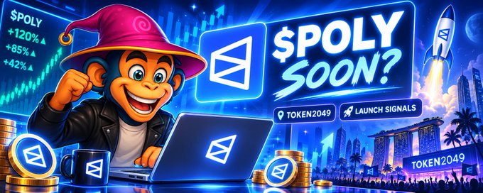 A vibrant promotional graphic featuring '$POLY SOON?' text alongside a cartoon monkey character in a wizard hat, displayed with cryptocurrency-style logos, rocket imagery, and stats like '+120%', '+85%', '+42%' with TOKEN2049 branding.