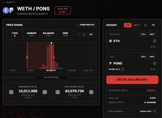This is a screenshot of a concentrated liquidity pool for WETH/PONS on @giga_dex, showing a price range, deposit options, and an estimated APR of 163%. The image visualizes a potential strategy for users looking to earn more from their crypto holdings.