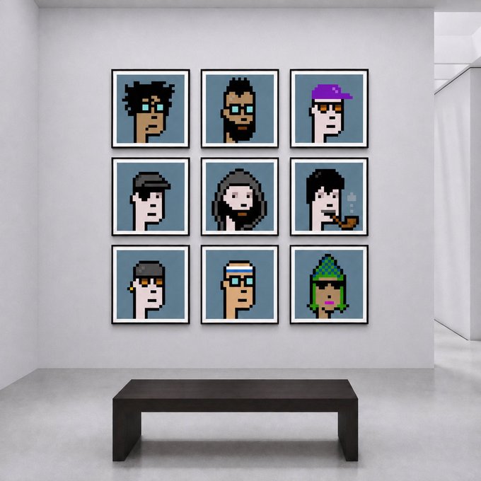 Nine framed pixel art portraits of various characters with different hairstyles and accessories arranged in a 3x3 grid on a white wall above a black bench.