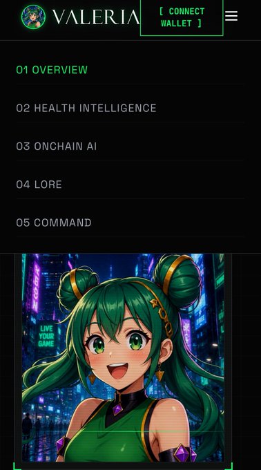 A mobile website menu for 'VALERIA' displays navigation options including Overview, Health Intelligence, Onchain AI, Lore, and Command, with a 'CONNECT WALLET' button, above an anime-style green-haired character illustration.