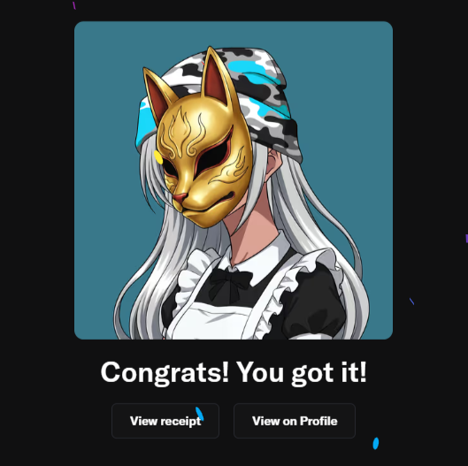 A confirmation screen reading 'Congrats! You got it!' showing an anime-style character with white hair wearing a golden fox mask and black and white maid outfit.