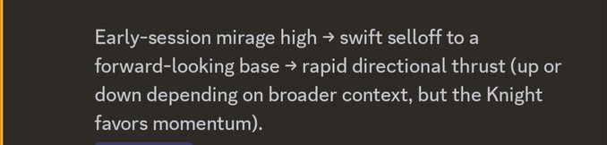 A dark slide with white text outlining a market structure pattern: "Early-session mirage high → swift selloff to a forward-looking base → rapid directional thrust (up or down depending on broader context, but the Knight favors momentum)." The caption's "Knight" reference ties into the post's reference to Ethereum being "Written," framing the asset's price action as a knightly narrative of deceptive highs, structural basing, and a momentum-driven breakout.