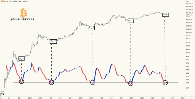 A Bitcoin/USD 3-week chart from 2011-2027 displays a bottom oscillator with five circled lows aligned with significant Bitcoin price peaks marked at 21%, 27%, 35%, 17%, and 11% gains, indicating a repeating cyclical pattern where the oscillator bottoming signals potential market tops.