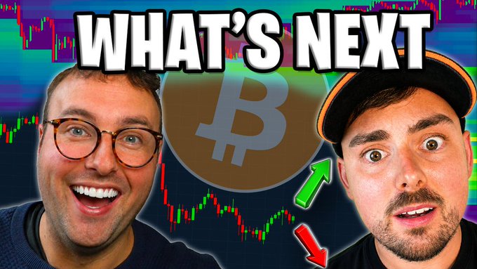 The image is a YouTube thumbnail featuring two excited men flanking a Bitcoin logo and stock chart with green up and red down arrows, under the bold headline "WHAT'S NEXT." It promotes a live Bitcoin trading stream with Wiz and Dave, visually emphasizing the market's potential direction.