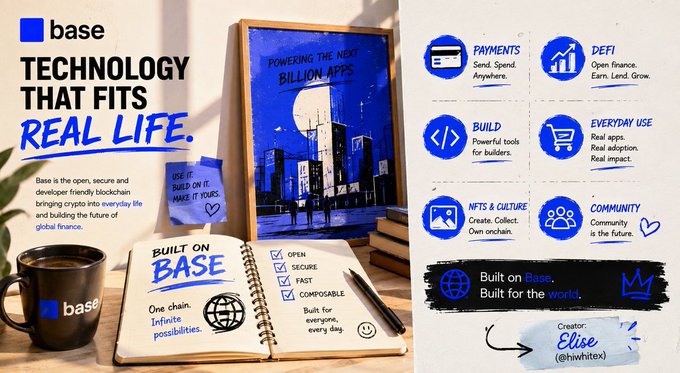 Base 'Technology that fits real life' graphic listing categories like Payments, DeFi, Build, Everyday Use, NFTs & Culture, and Community, credited to creator Elise.