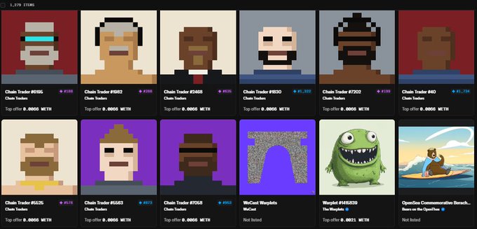 A grid of NFT avatars titled 'Chain Traders' showing pixelated character portraits, including CryptoPunk-style figures, a Warplet, and a surfing bear OpenSea commemorative token, with ETH prices and buyer usernames displayed.
