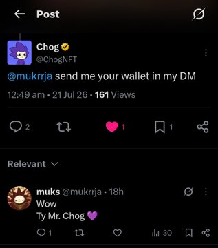 X (Twitter) post screenshot from user 'Chog' (@ChogNFT) saying '@mukrrja send me your wallet in my DM' dated 21 Jul 26 with 161 views, plus a reply from 'muks' (@mukrrja) saying 'Wow Ty Mr. Chog'.