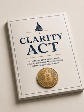 A mock-up of the "CLARITY ACT" legislation booklet, featuring a Bitcoin coin and Capitol building icon, with the tagline "Comprehensive Legislation for a Responsible and Innovative Digital Asset Framework." The image visually represents the proposed crypto regulatory framework referenced in the post about ongoing bipartisan negotiations and the White House's engagement on digital asset policy.