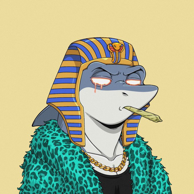 A stylized cartoon illustration of a blue and white shark wearing an Egyptian pharaoh headdress with a cobra emblem, a green leopard print robe, a gold chain, and glowing red eyes while holding a joint in its mouth.