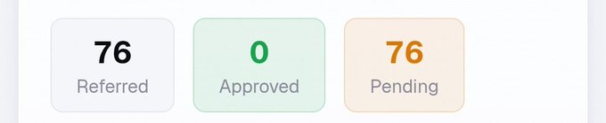 Three status cards showing referral metrics: 76 Referred, 0 Approved, and 76 Pending.