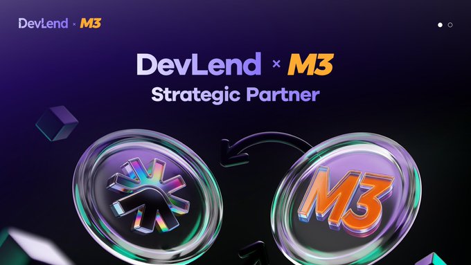 Promotional banner announcing a strategic partnership between DevLend and M3, featuring stylized coin logos with arrows indicating collaboration.