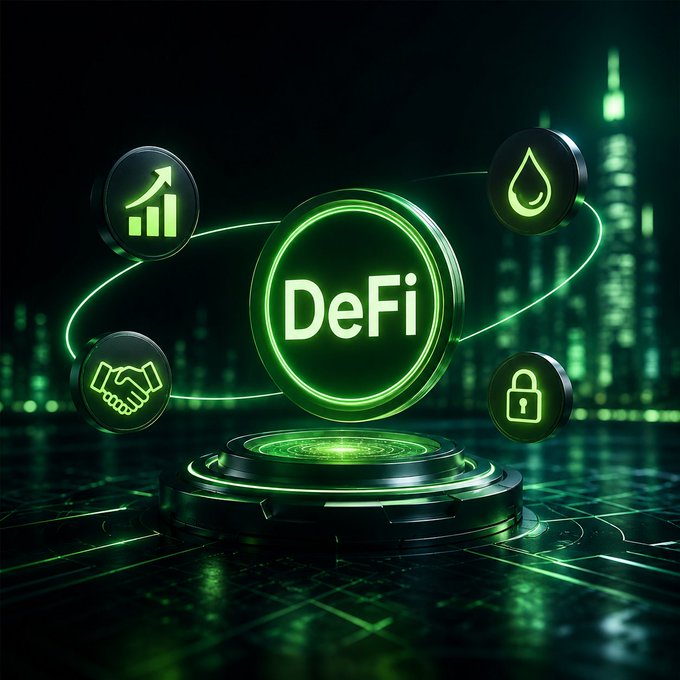 A futuristic 3D graphic displays the word 'DeFi' in a central glowing green circle, surrounded by icons representing growth, water, handshakes, and security against a neon city backdrop.