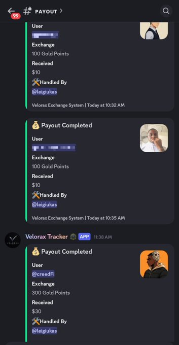 A mobile app screenshot of a payout system showing several completed transactions for exchanging 'Gold Points' into USD, handled by the user '@leigukas'.