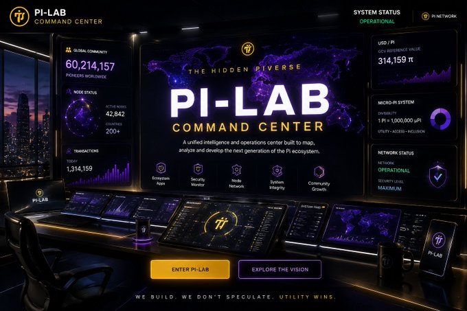 A futuristic "PI-LAB Command Center" dashboard displays metrics like 60,214,157 global community Pioneers, 42,842 active nodes, and a GCU reference value of 314,159 π, with the tagline "We Build, We Don't Speculate. Utility Wins." The high-tech control room aesthetic visually reinforces the post's message of Pi Network launching a builder-focused, utility-driven phase aligned with co-founder Nicolas Kokkalis.
