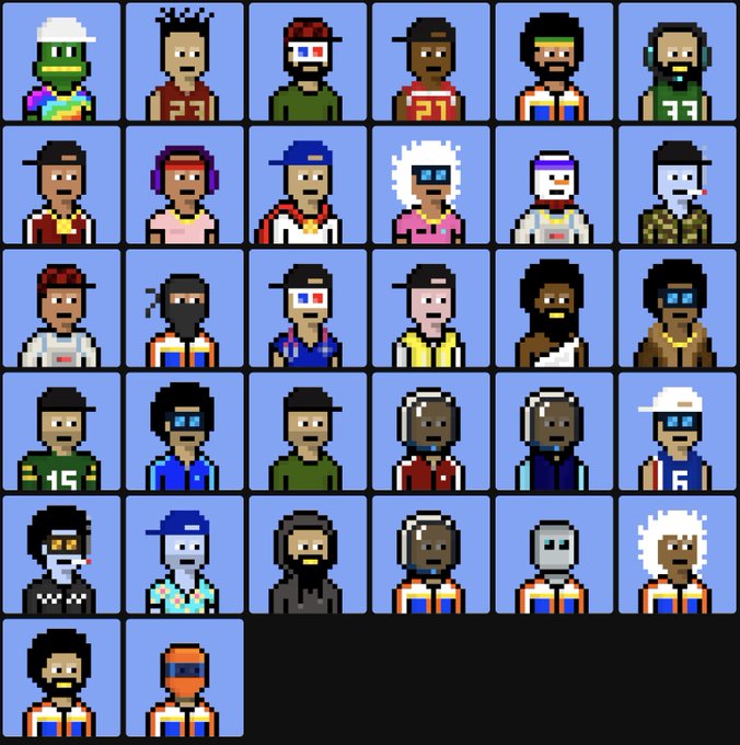 A grid of 26 pixel art character sprites displays various individuals with different hairstyles, facial hair, accessories like 3D glasses and headphones, and colorful athletic apparel.