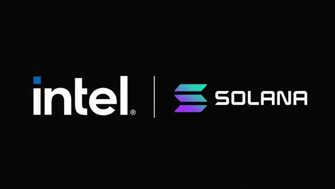 The image displays the Intel logo alongside the Solana logo on a black background, separated by a vertical line, representing the collaboration between the two companies. This visually reinforces the news that an Intel ($INTC) token has launched on the Solana blockchain via Sunrise, with issuance handled by Backpack Securities.