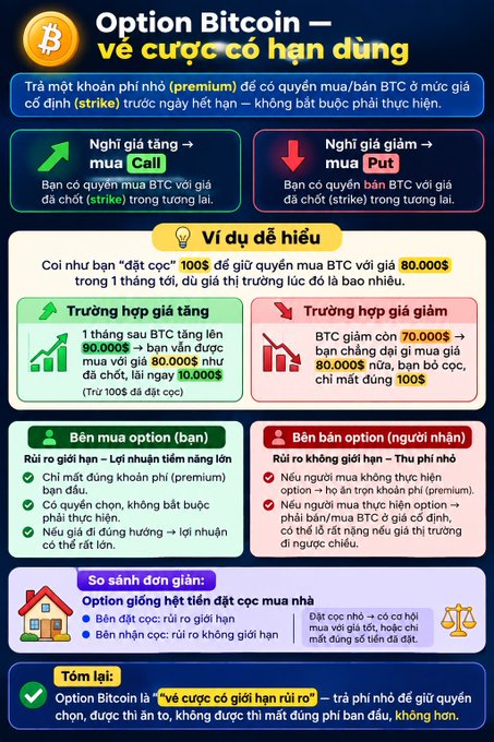 A Vietnamese-language infographic explaining Bitcoin options ('Option Bitcoin – về cược có giới hạn nú ro') with diagrams showing Call/Put examples and loss comparisons.