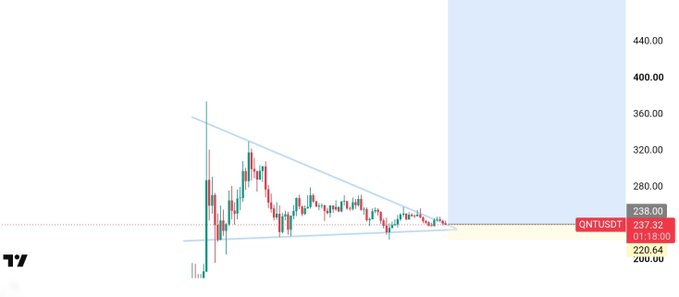 A financial chart of ONTUSDT cryptocurrency pair showing a descending triangle pattern with price around $237.32, displayed on TradingView.