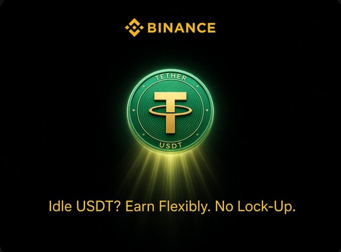 The Binance-branded promotional image features a glowing green Tether (USDT) coin with the tagline "Idle USDT? Earn Flexibly. No Lock-Up," visually reinforcing the post's message that idle USDT holdings can be put to work rather than sitting unused.