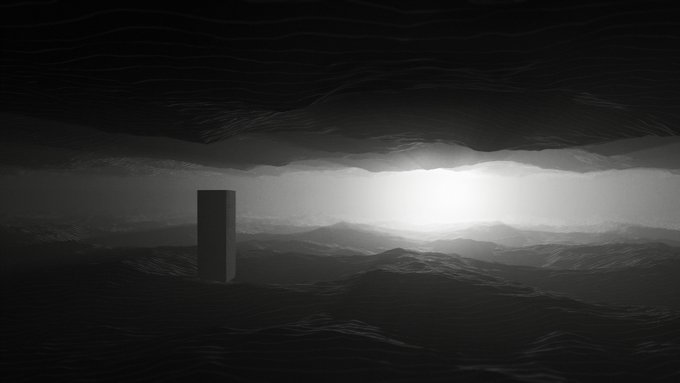 A black and white 3D rendered scene showing a dark rectangular monolith standing in a misty, mountainous landscape under a dramatic sky.