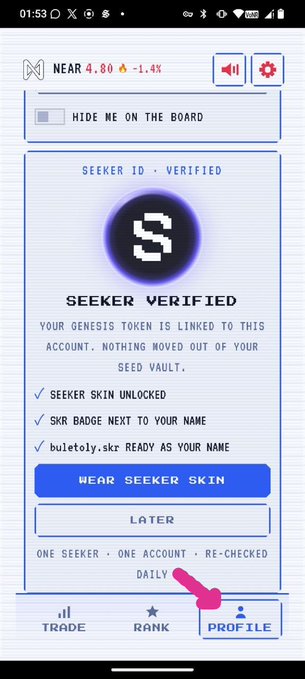 A mobile app screenshot shows a 'SEEKER VERIFIED' profile screen for 'buletoly.skr' with the NEAR token priced at 4.80, displaying unlocked Seeker skin and SKR badge features.