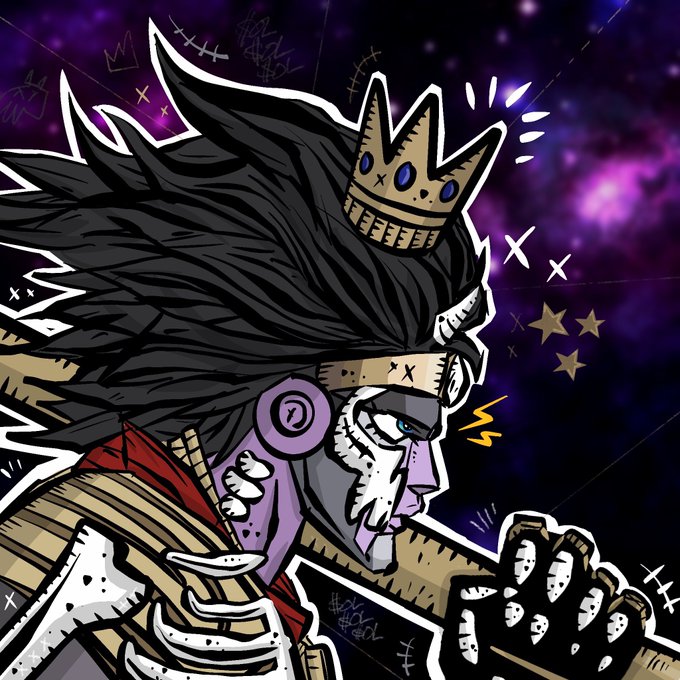 An anime-style illustration depicts a fierce character with wild dark hair wearing a golden crown, shown in profile with a clenched fist against a purple cosmic background with decorative stars and X marks.