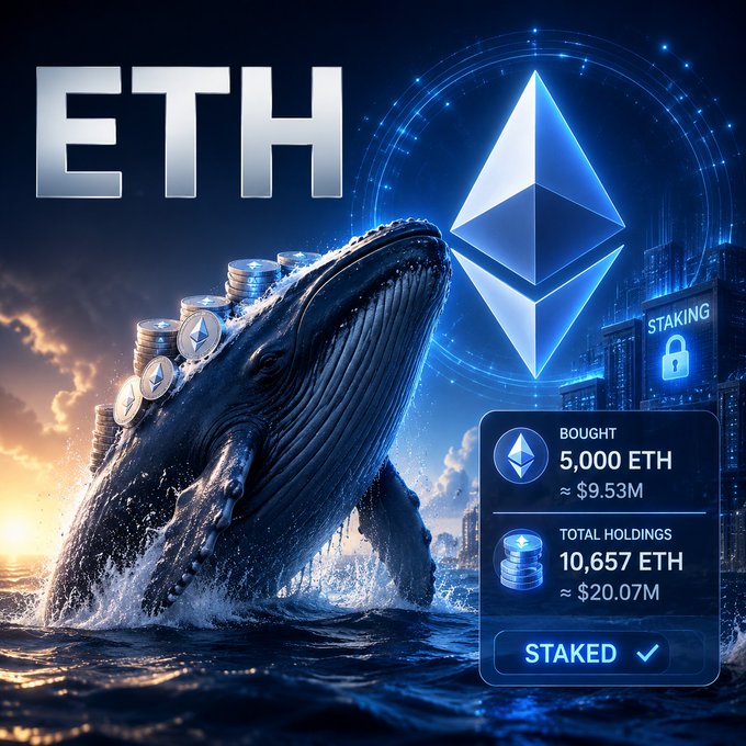 Dramatic digital artwork showing a whale breaching with the Ethereum (ETH) logo, showing 5,000 ETH bought for ~$9.53M and total holdings of 10,657 ETH (~$20.07M), with a "STAKED" indicator.