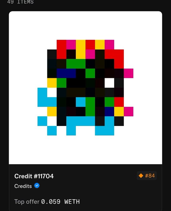 An NFT marketplace listing for 'Credit #11704', showing a colorful pixel art design of a face-like pattern, priced at '0.059 WETH' with '49 ITEMS' visible at the top.