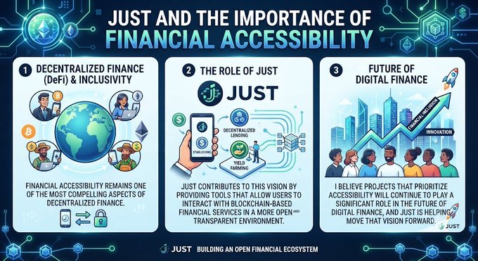 An infographic titled "JUST and the Importance of Financial Accessibility" featuring three sections—"Decentralized Finance (DeFi) & Inclusivity," "The Role of JUST," and "Future of Digital Finance"—illustrating JUST's contribution to building an open financial ecosystem through decentralized lending and yield farming tools. The image visually reinforces the post's message about JUST's role in making blockchain-based financial services more accessible and transparent.