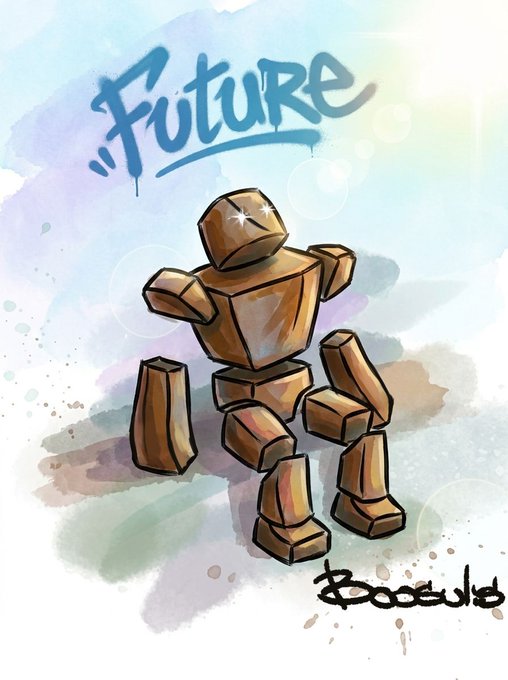 A watercolor-style illustration of a robot-like figure made of brown geometric blocks with the word 'FUTURE' written in blue graffiti-style text above it.