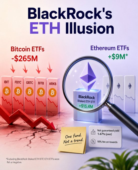 The image contrasts Bitcoin ETFs' $265M losses (IBIT, FBTC, GBTC, BITB, ARKB) with Ethereum ETFs' $9M gain, using a magnifying glass to spotlight that nearly all of that came from BlackRock's Staked ETH ETF (+$15.4M) — visually reinforcing the post's point that excluding BlackRock, the broader "ETH rotation" narrative is an illusion.