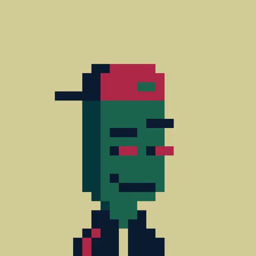 A pixel art portrait of a green-skinned zombie-like character with red hair, red eyes, and dark clothing against a pale yellow background.