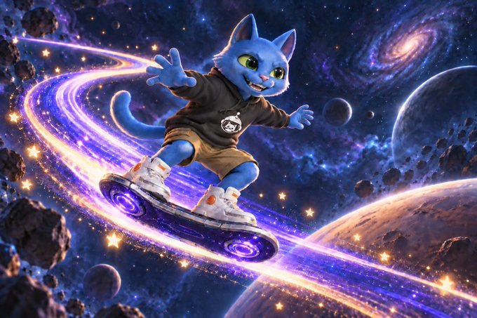 A vibrant digital artwork depicting a blue cartoon cat wearing a brown hoodie and tan shorts, riding a glowing hoverboard through a colorful space scene filled with galaxies, planets, and asteroids.