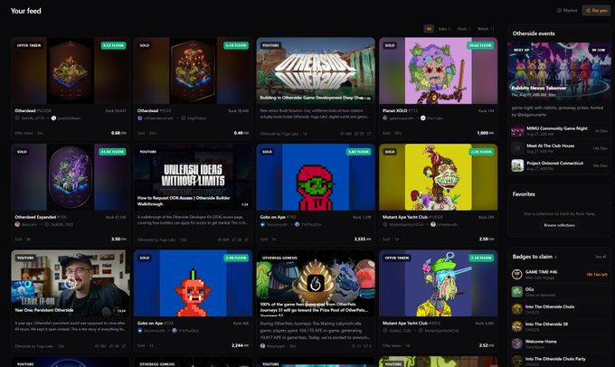 A screenshot of an 'Otherside' website feed shows various event tiles, including 'Building in Otherside' and 'gods on Ape', along with a sidebar of community events and user profiles.