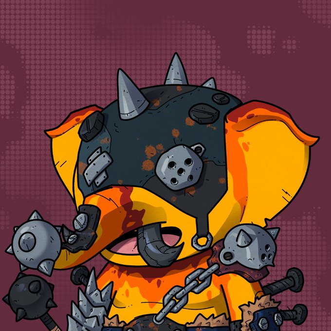 A cartoon illustration of a fierce orange and yellow character wearing a spiked, battle-scarred helmet and armored gloves, armed with spiked maces and a chain, embodying the description of "General Ironhide" as a rugged, emotionless protector in the Web3 space. The character's fierce, battle-ready appearance visually reinforces the post's message about resilience and emotional armor in a chaotic environment.