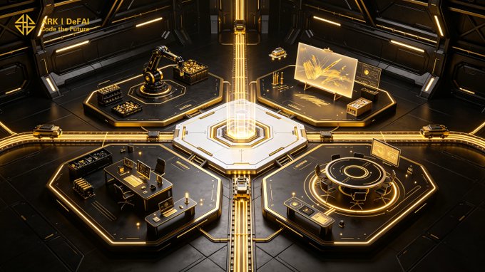 The image depicts a futuristic, high-tech command center with a glowing golden and black aesthetic, featuring four hexagonal workstations arranged around a central energy core. Each station showcases different functions—one has a robotic arm assembling components, another displays holographic data screens, a third shows a workspace with monitors, and the fourth contains a circular device—symbolizing the convergence of AI agents, creation, execution, and ecosystem utility. The text "ARK | DeFAI" and "Code the Crypto" appears in the upper left, reinforcing the image's theme of integrated, multi-functional AI infrastructure powering the Arkie AI App.