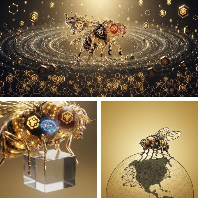 A collage of three AI-generated images featuring robotic and golden bees with hexagonal patterns, one resting on a crystal cube and another on a wireframe globe.