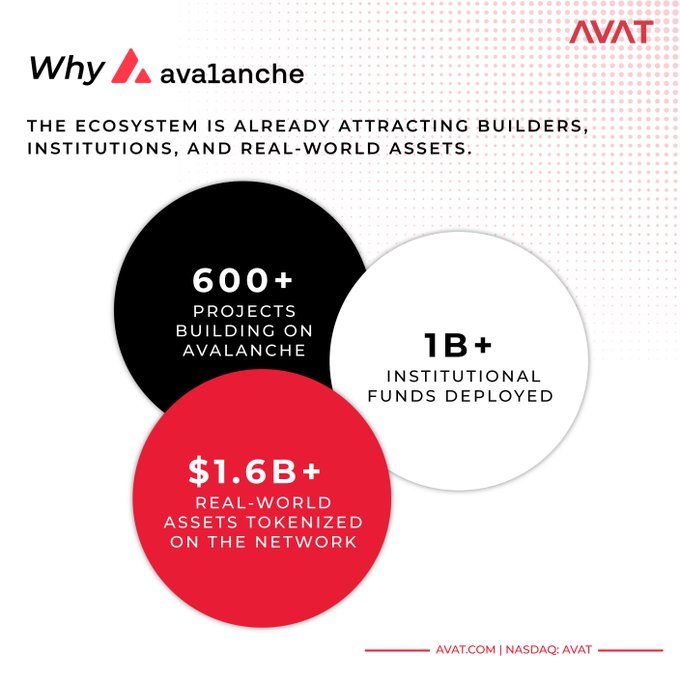 The image shows a white background with three black circles containing information about Avalanche Inc. The first circle displays the company's name and logo, while the second circle provides details about their ecosystem and projects they are working on. The third circle lists the amount of money raised through fundraising initiatives.