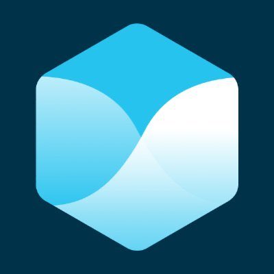 A blue gradient hexagonal logo or app icon with a white wave-like design in the center on a dark teal background.