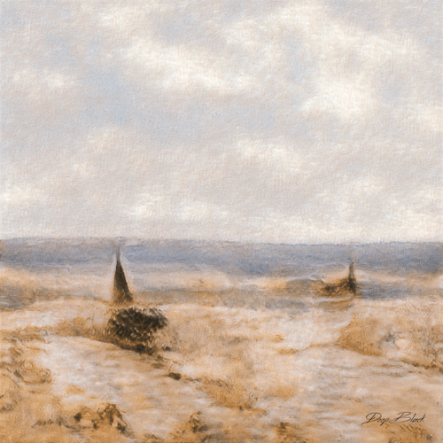 Impressionist-style painting depicting a cloudy sky over a hazy seascape with two small sailboats, signed "Peggy Brash" in the bottom right corner.